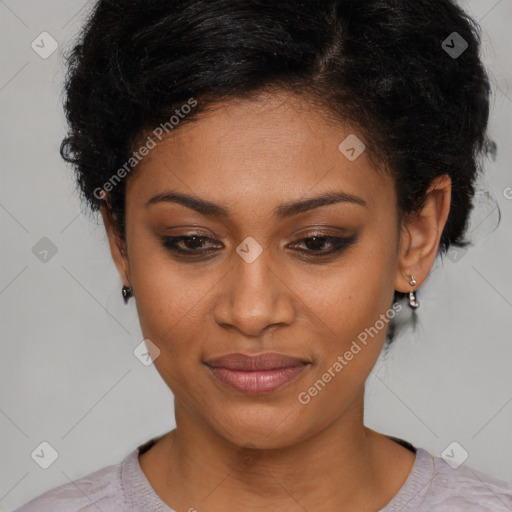 Joyful latino young-adult female with short  brown hair and brown eyes