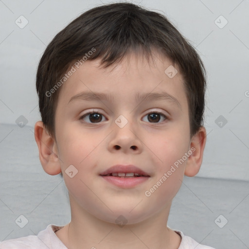 Joyful white child male with short  brown hair and brown eyes