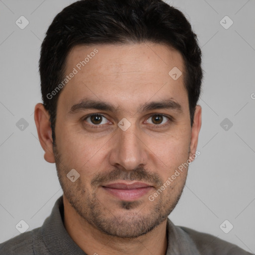 Joyful white young-adult male with short  brown hair and brown eyes