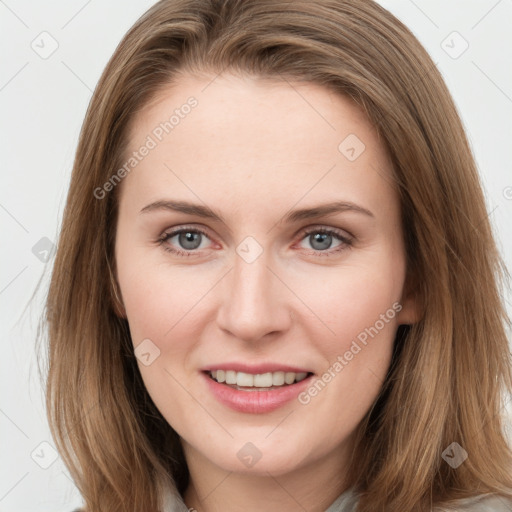 Joyful white young-adult female with long  brown hair and grey eyes