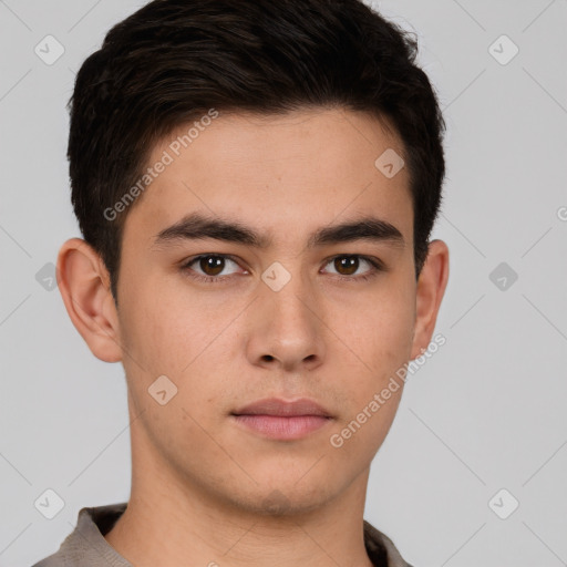 Neutral white young-adult male with short  brown hair and brown eyes