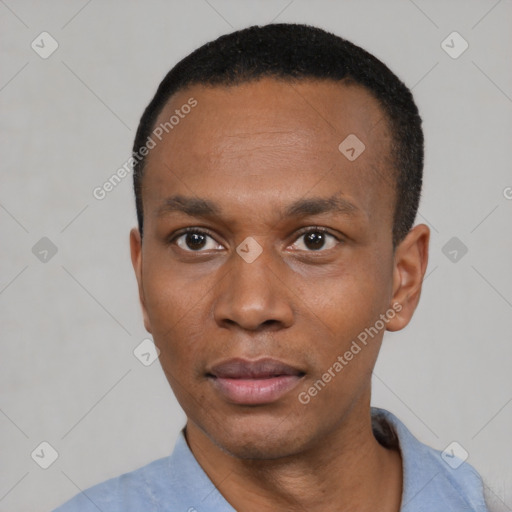 Neutral black young-adult male with short  black hair and brown eyes