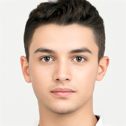 Neutral white young-adult male with short  brown hair and brown eyes