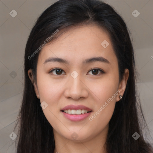 Joyful white young-adult female with long  brown hair and brown eyes