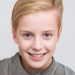 Joyful white child female with short  brown hair and blue eyes