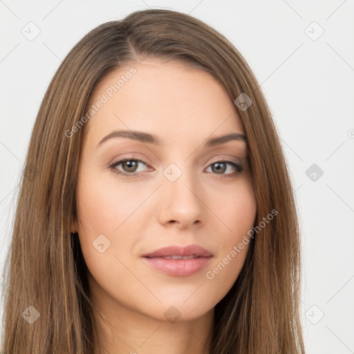 Neutral white young-adult female with long  brown hair and brown eyes