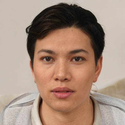 Neutral asian young-adult female with short  brown hair and brown eyes