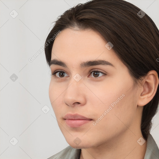 Neutral white young-adult female with medium  brown hair and brown eyes