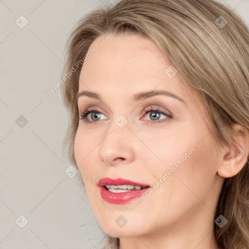 Joyful white young-adult female with long  brown hair and blue eyes