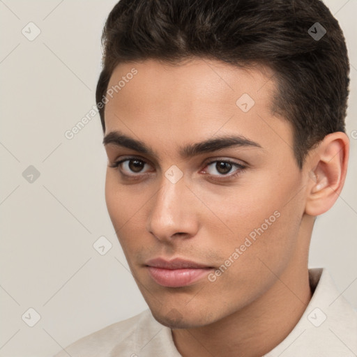 Neutral white young-adult male with short  brown hair and brown eyes