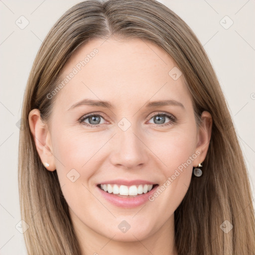 Joyful white young-adult female with long  brown hair and grey eyes