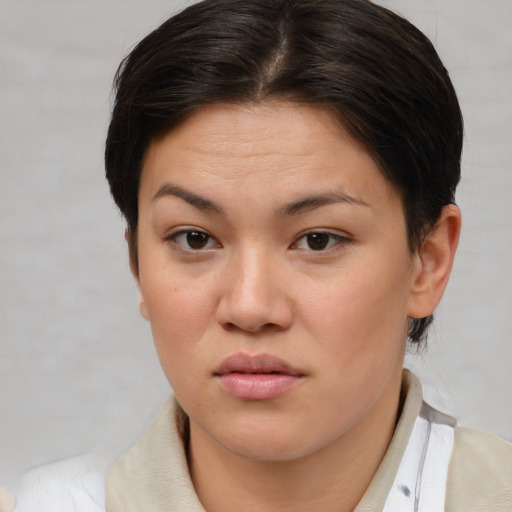 Joyful asian young-adult female with short  brown hair and brown eyes