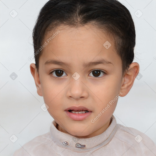 Joyful white child female with short  brown hair and brown eyes