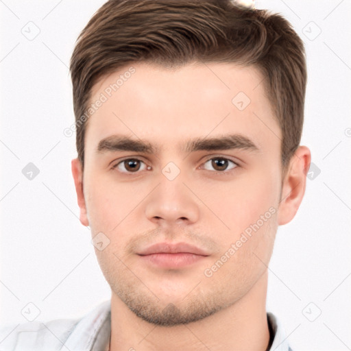 Neutral white young-adult male with short  brown hair and brown eyes