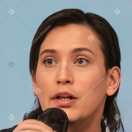 Neutral white young-adult female with medium  brown hair and brown eyes