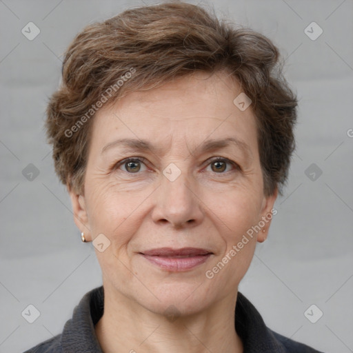 Joyful white adult female with short  brown hair and brown eyes