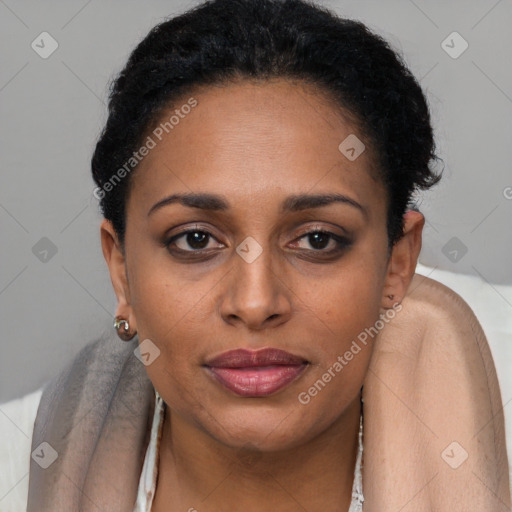 Joyful black young-adult female with short  brown hair and brown eyes