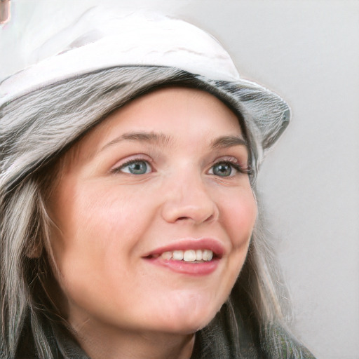 Joyful white young-adult female with long  brown hair and blue eyes