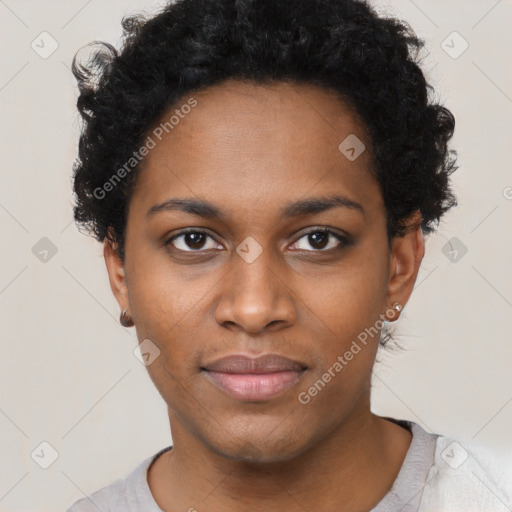 Neutral black young-adult female with short  black hair and brown eyes