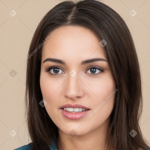 Neutral white young-adult female with long  brown hair and brown eyes