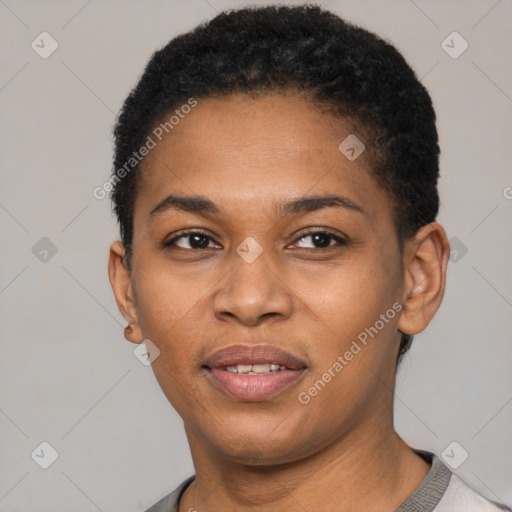 Joyful latino young-adult female with short  black hair and brown eyes