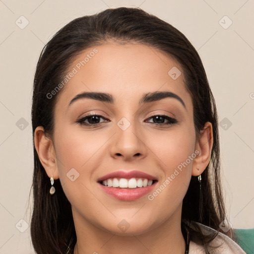 Joyful white young-adult female with long  brown hair and brown eyes