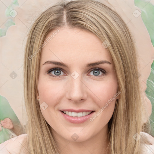 Joyful white young-adult female with long  brown hair and green eyes