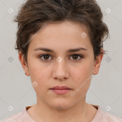 Neutral white young-adult female with short  brown hair and brown eyes