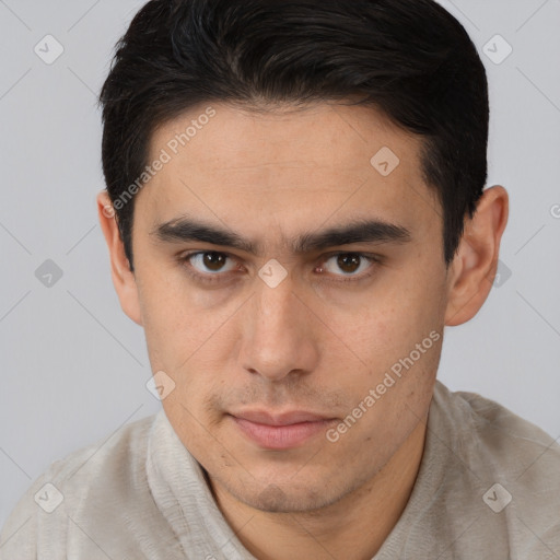 Neutral asian young-adult male with short  brown hair and brown eyes