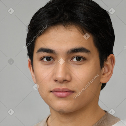 Neutral asian young-adult male with short  brown hair and brown eyes