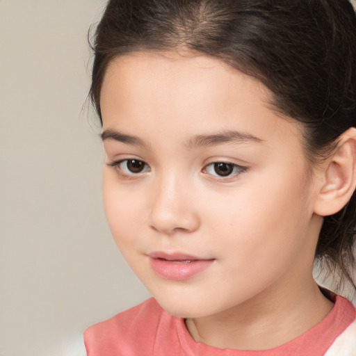 Joyful white child female with medium  brown hair and brown eyes