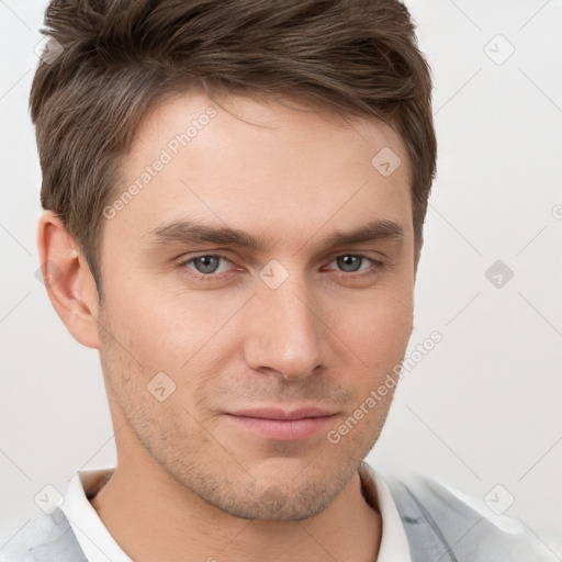 Neutral white young-adult male with short  brown hair and brown eyes