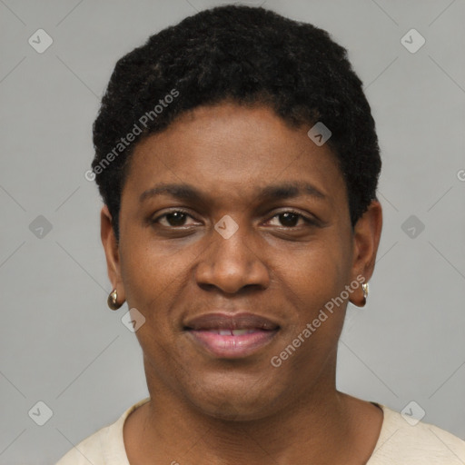 Joyful black young-adult female with short  black hair and brown eyes