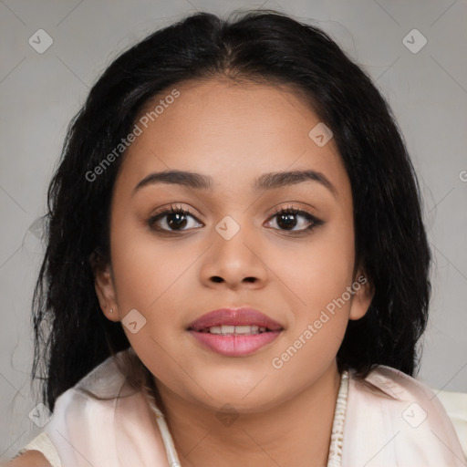 Joyful latino young-adult female with medium  brown hair and brown eyes