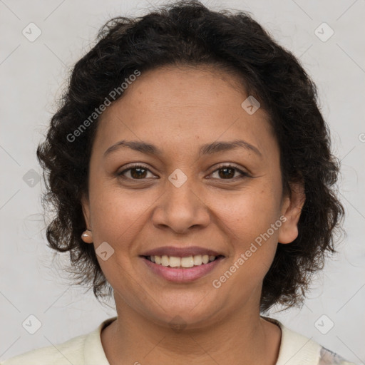 Joyful white adult female with short  brown hair and brown eyes