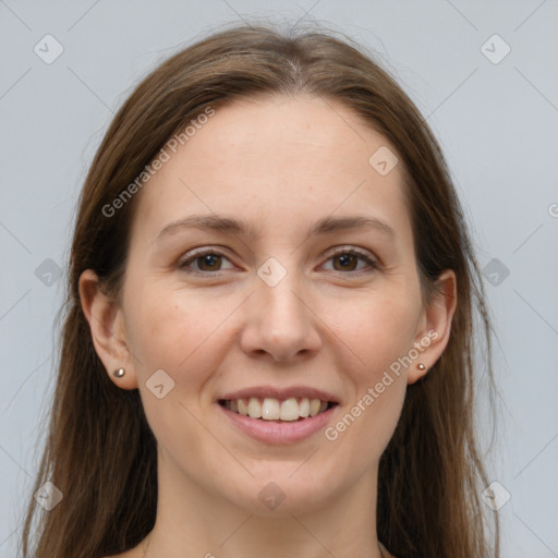 Joyful white young-adult female with long  brown hair and grey eyes