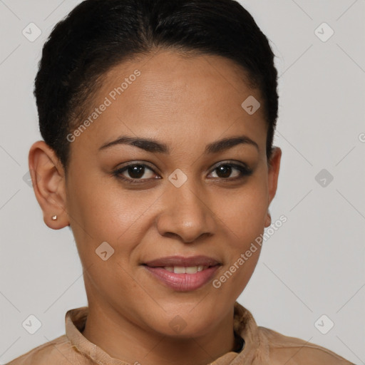 Joyful latino young-adult female with short  brown hair and brown eyes