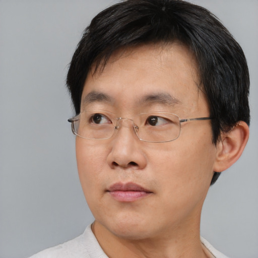 Neutral asian adult male with short  brown hair and brown eyes