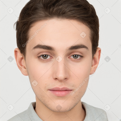 Neutral white young-adult male with short  brown hair and brown eyes