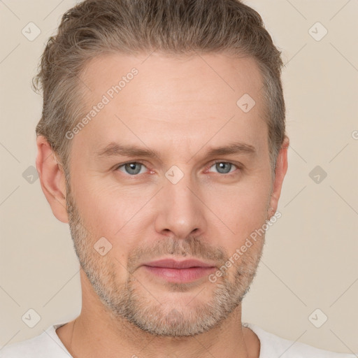 Neutral white adult male with short  brown hair and grey eyes