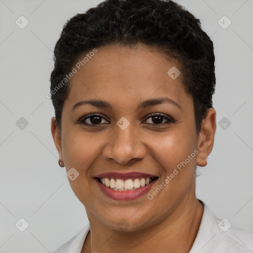 Joyful latino young-adult female with short  brown hair and brown eyes