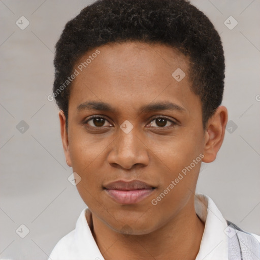 Joyful black young-adult female with short  brown hair and brown eyes
