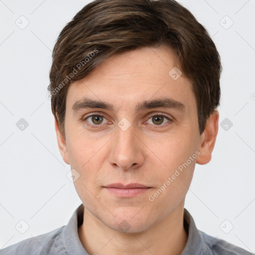 Neutral white young-adult male with short  brown hair and brown eyes