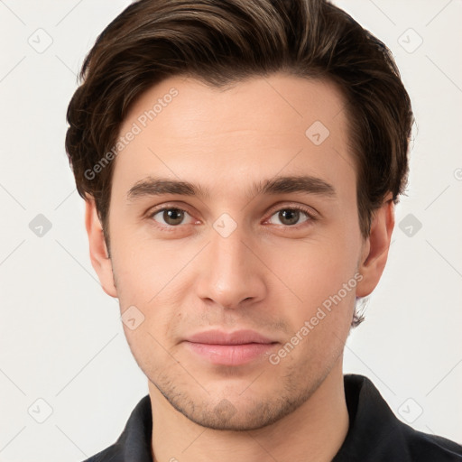 Neutral white young-adult male with short  brown hair and brown eyes