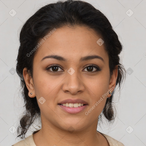 Joyful latino young-adult female with medium  brown hair and brown eyes