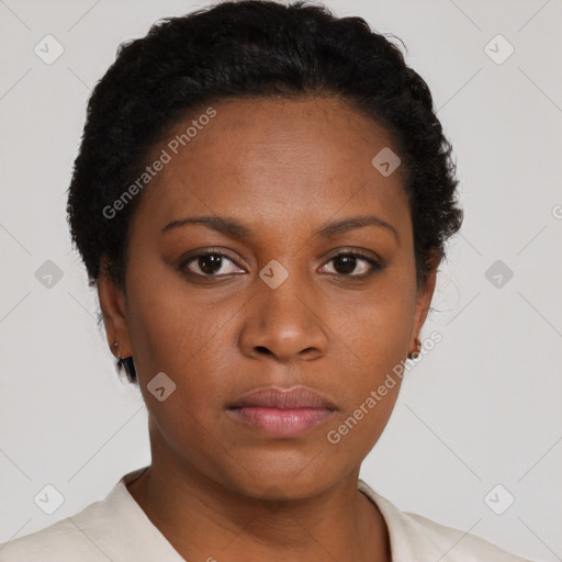 Neutral black young-adult female with short  brown hair and brown eyes