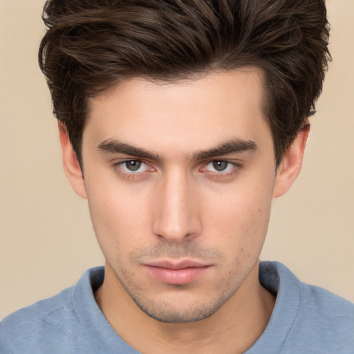 Neutral white young-adult male with short  brown hair and brown eyes