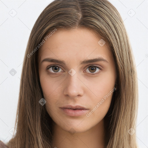 Neutral white young-adult female with long  brown hair and brown eyes