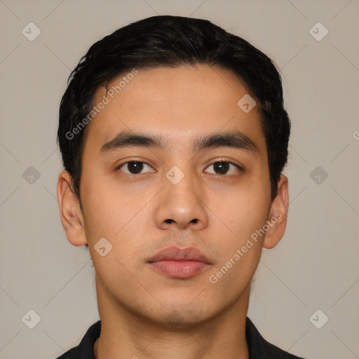 Neutral asian young-adult male with short  black hair and brown eyes