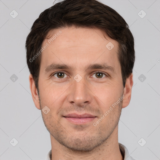 Joyful white young-adult male with short  brown hair and brown eyes